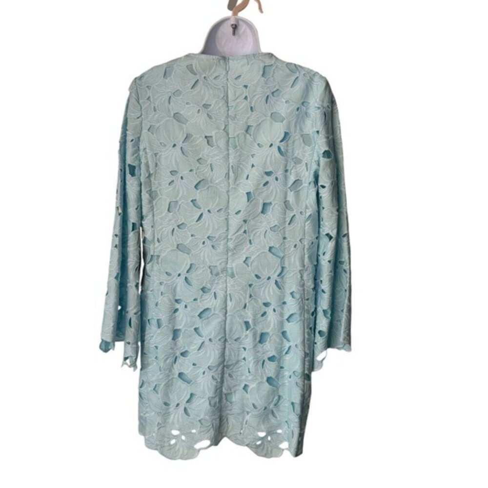 Tuckernuck NEW Aqua Floral Lace Camilla Long Flared Sleeve Mini Dress Size L - Picture 7 of 12